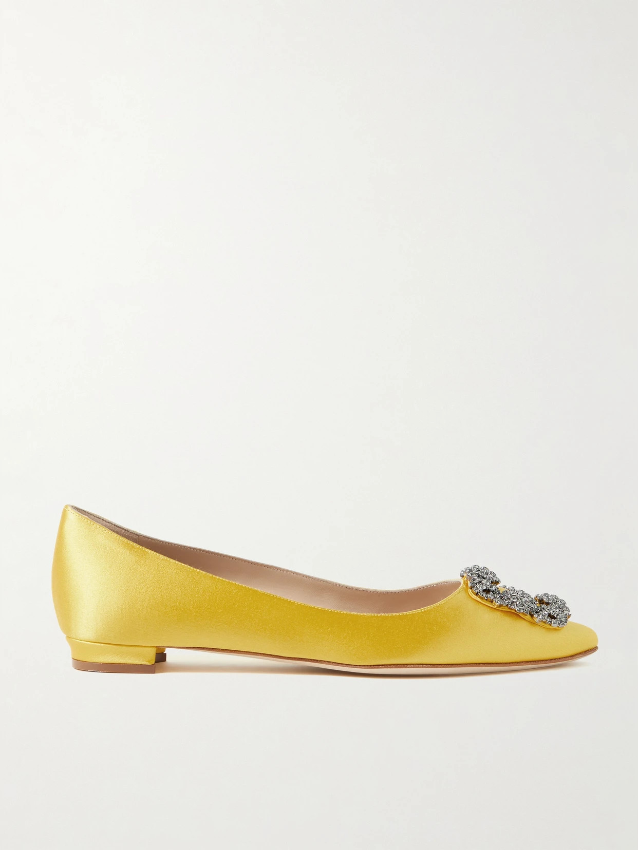 Manolo Blahnik - Hangisi Embellished Satin Point-toe Flats - Yellow | NET-A-PORTER (US)
