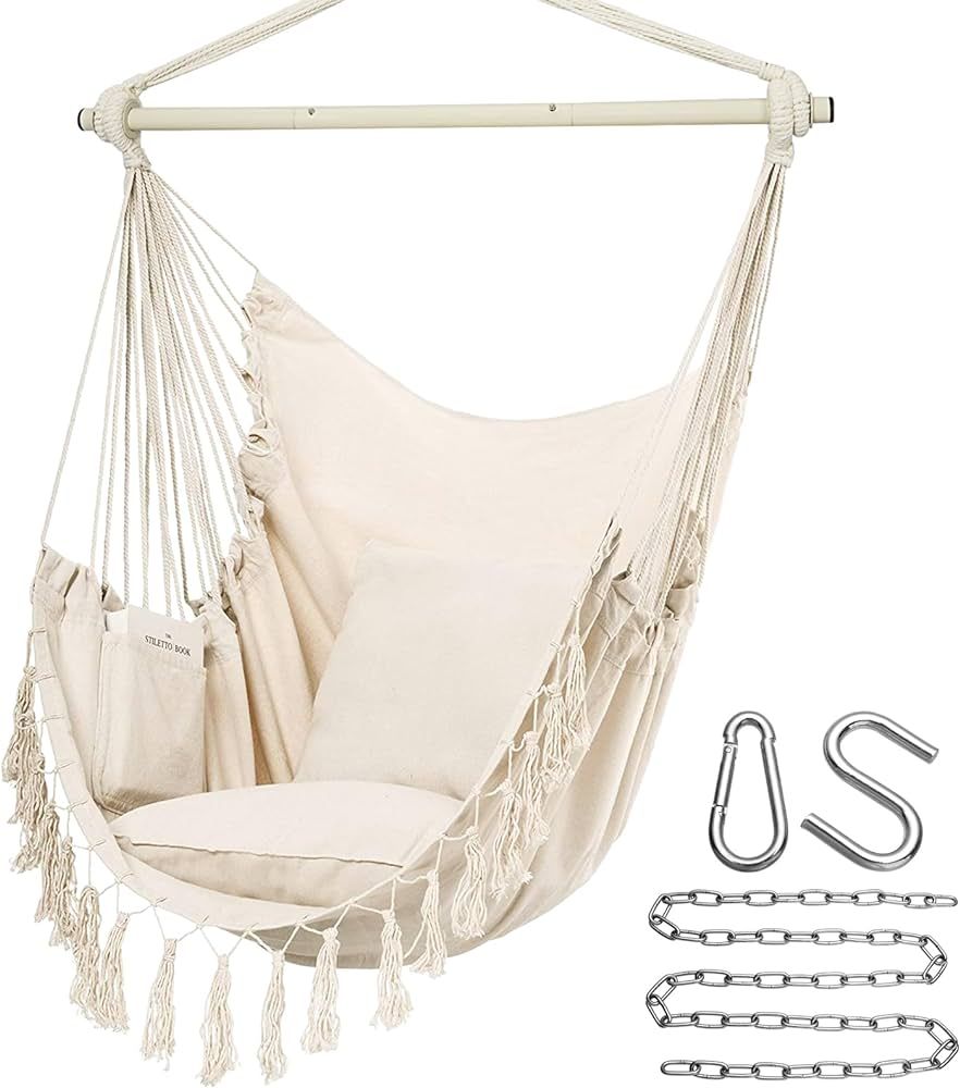 Y- Stop Hammock Chair Hanging Rope Swing, Max 500 Lbs, 2 Cushions Included, Large Macrame Hanging... | Amazon (US)