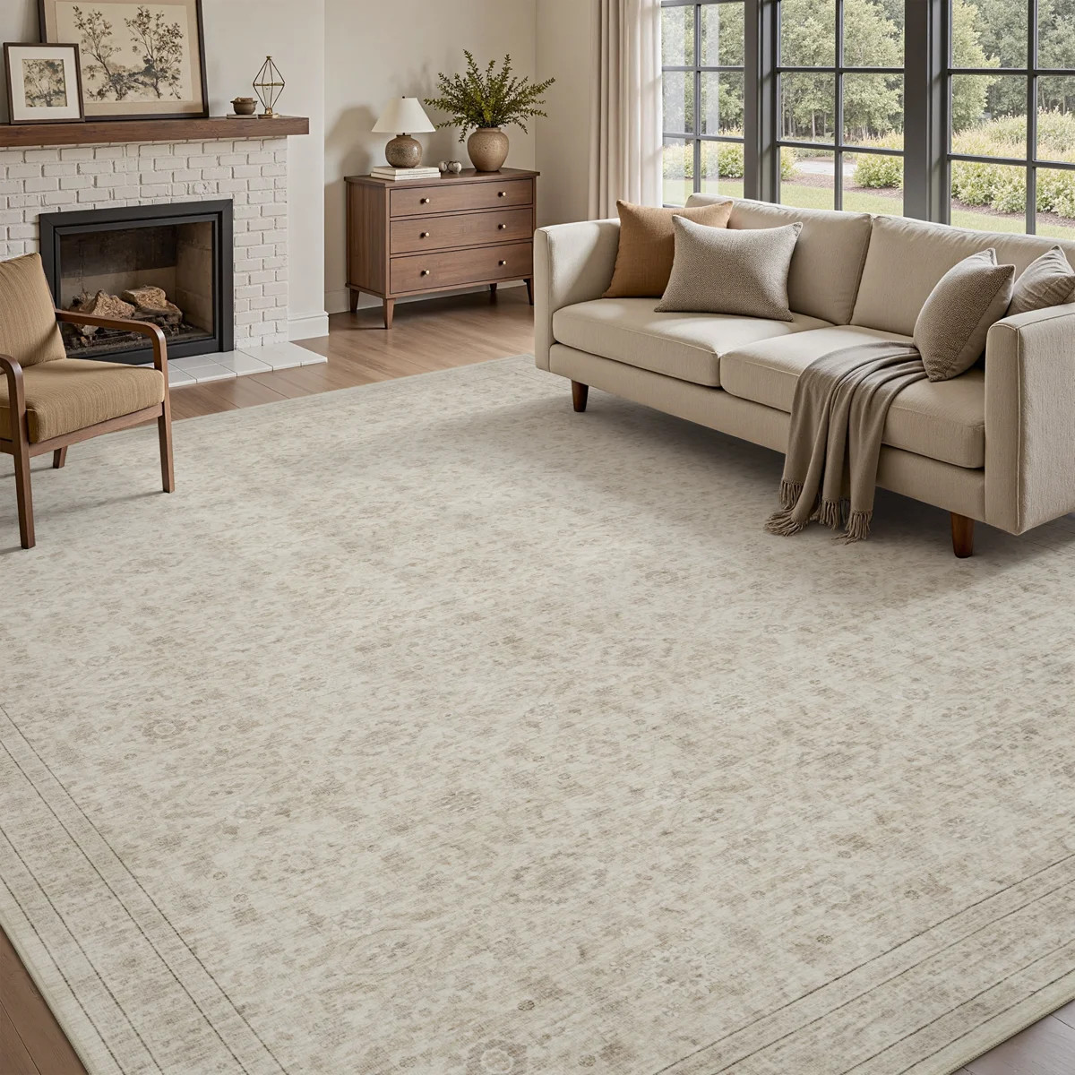 Beige Vintage-Inspired Washable Non-Slip Area Rug For Living Room, Bedroom | Wayfair North America