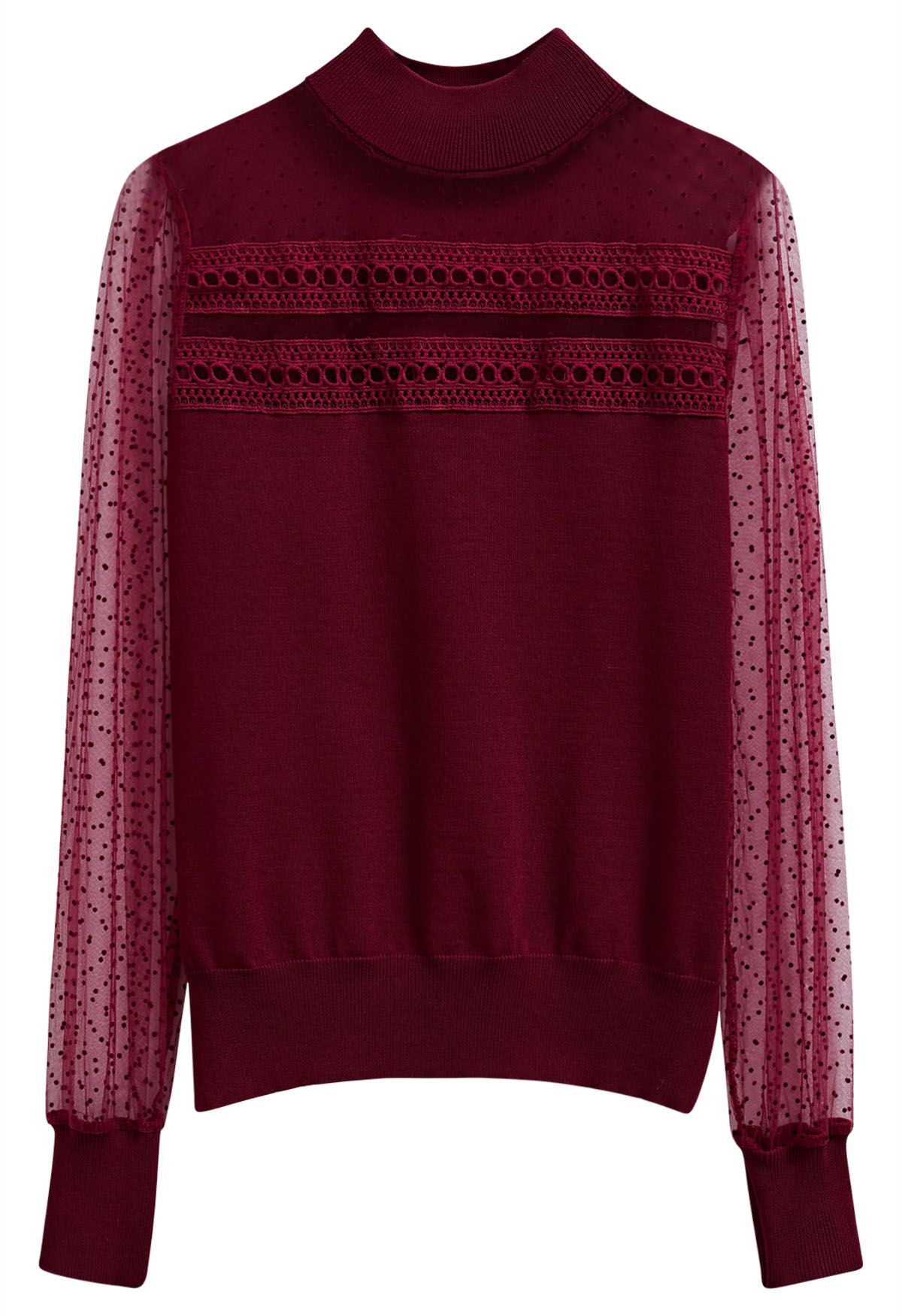 Flock Dots Mesh Spliced Knit Top in Burgundy | Chicwish