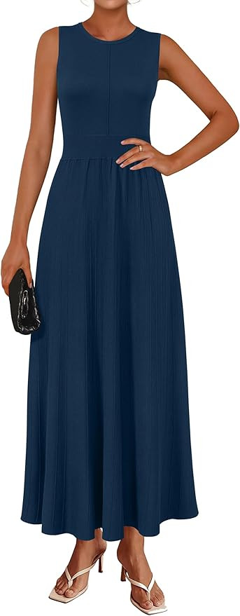 Arach&Cloz Women‘s Summer Maxi Dress 2025 Crew Neck Sleeveless Knitted Church Work Business Cas... | Amazon (US)