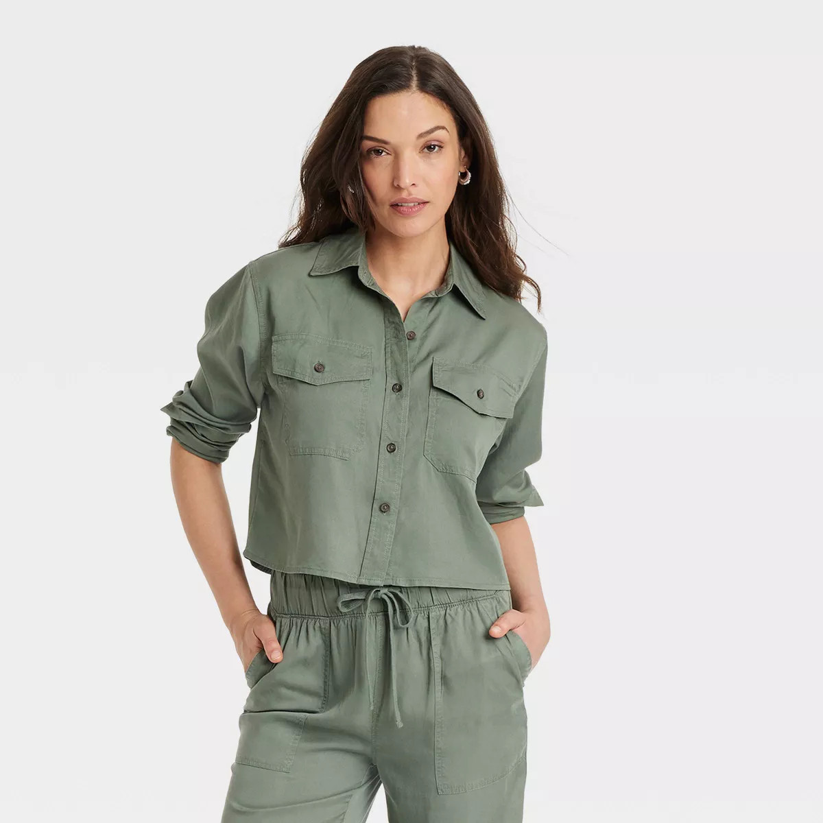 Women's Utility Long Sleeve Collared Button-Down Shirt - Universal Thread™ Olive Green S | Target