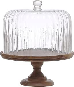 Creative Co-Op 12 Inches Round Acacia Wood Pedestal with Fluted Glass, Natural, Set of 2 Cloche | Amazon (US)