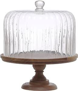Creative Co-Op 12 Inches Round Acacia Wood Pedestal with Fluted Glass, Natural, Set of 2 Cloche | Amazon (US)