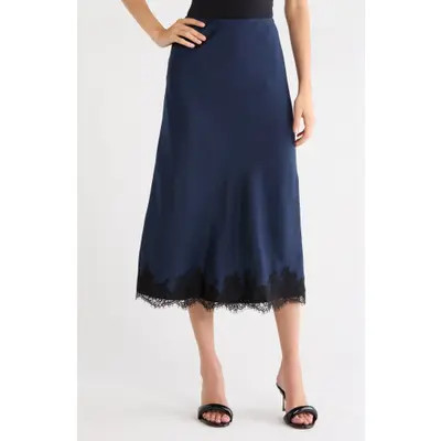 WAYF Vienna Lace Trim Satin Skirt in Navy at Nordstrom, Size Medium | Nordstrom