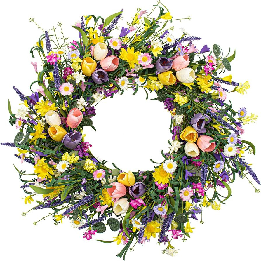 Spring Wreath 22 inch Indoor Summer Wreaths Artificial Spring Wreaths for Front Door, Tulip Wreat... | Amazon (US)