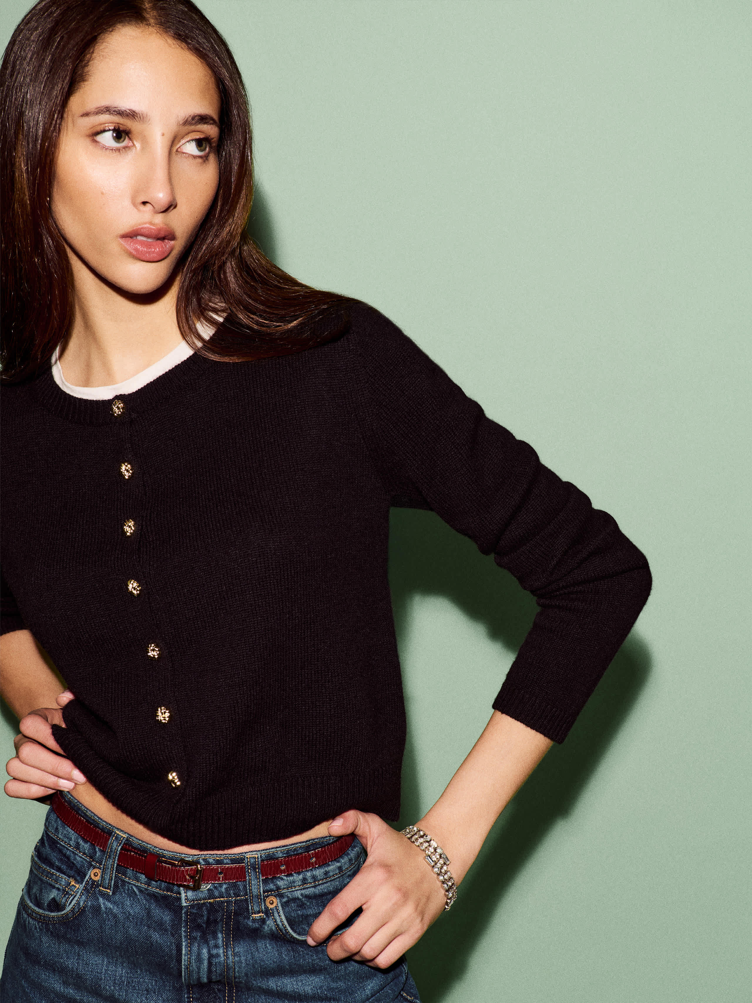 Reformation Clara Cashmere Crew Cardigan Black Gold Medium | Reformation (Global)