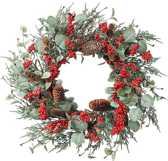 AMF0RESJ Artificial Christmas Wreath Winter Wreath with Eucalyptus Leaves,Snowflake,Big red Berri... | Amazon (US)