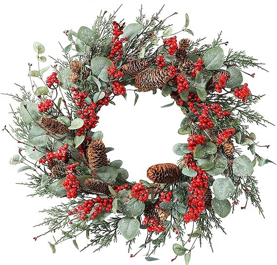 AMF0RESJ Artificial Christmas Wreath Winter Wreath with Eucalyptus Leaves,Snowflake,Big red Berri... | Amazon (US)