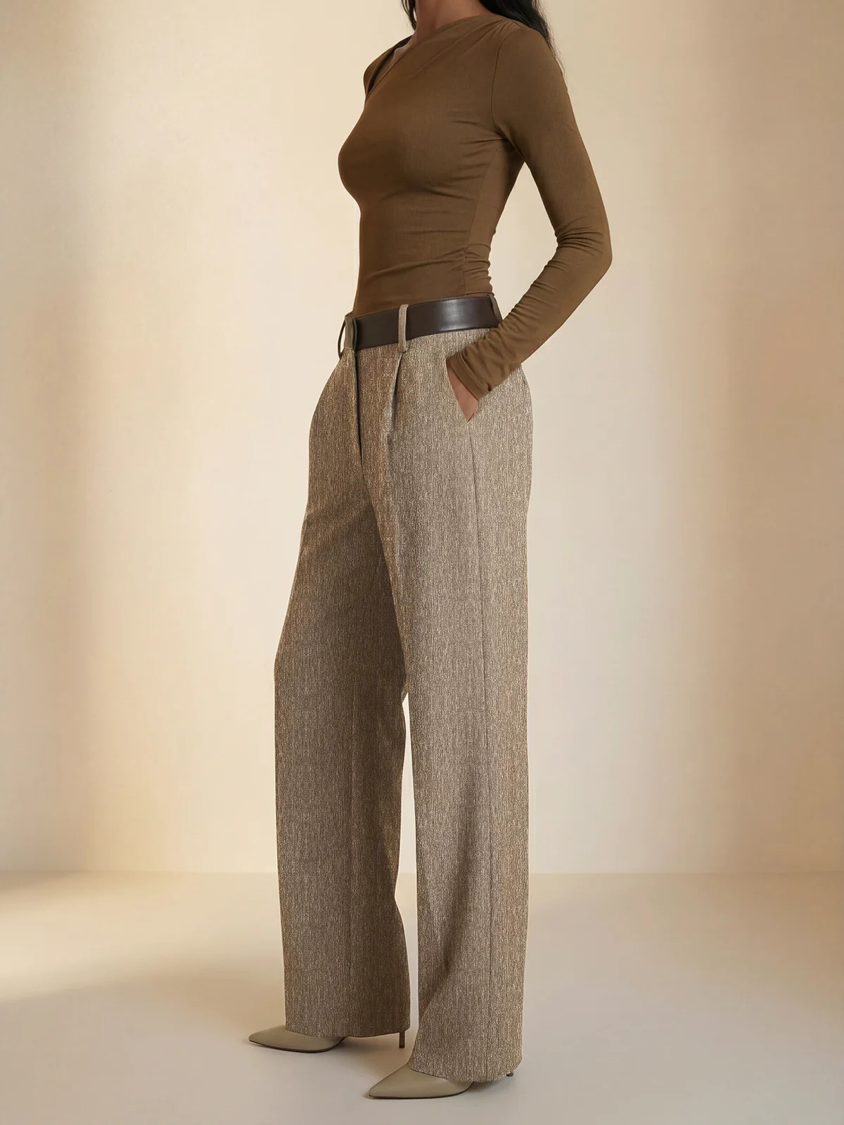 Faux Leather Panel Wide-Leg Pants | Commense