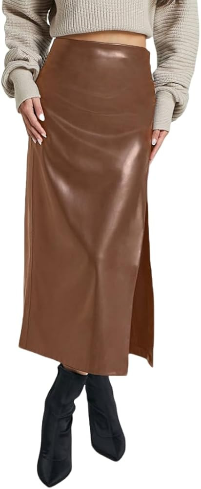 Women's High Waisted Faux Leather Pencil Skirt Side Slit Bodycon Fit Long Midi Skirt | Amazon (US)