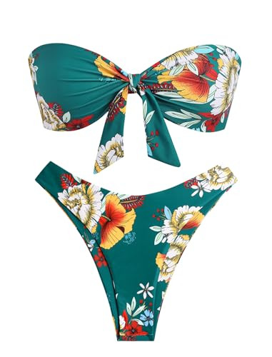 ZAFUL Knotted Bandeau Bikini for Women Strapless Swimsuits High Cut Bathing Suit Sexy 2 Piece Swimwear Green Floral S | Amazon (US)