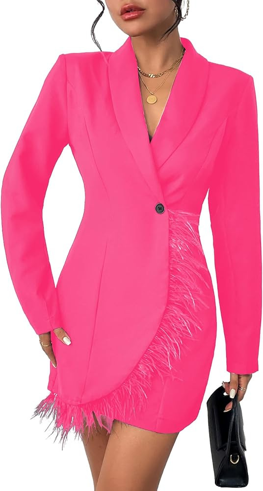 WDIRARA Women's Fuzzy Trim Wrap Button Front Long Sleeve Shawl Collar Blazer Dress | Amazon (US)