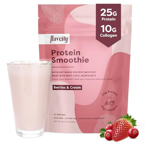 FlavCity Protein Powder Smoothie, Berries & Cream - 100% Grass-Fed Whey with Collagen (25g of Protein) - Gluten Free & No Added Sugars (38.73 oz) | Amazon (US)