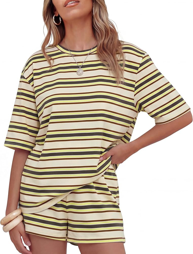 ZESICA Womens Summer 2 Piece Short Sets Striped Loose Fit Matching Lounge Airport Travel Workout ... | Amazon (US)