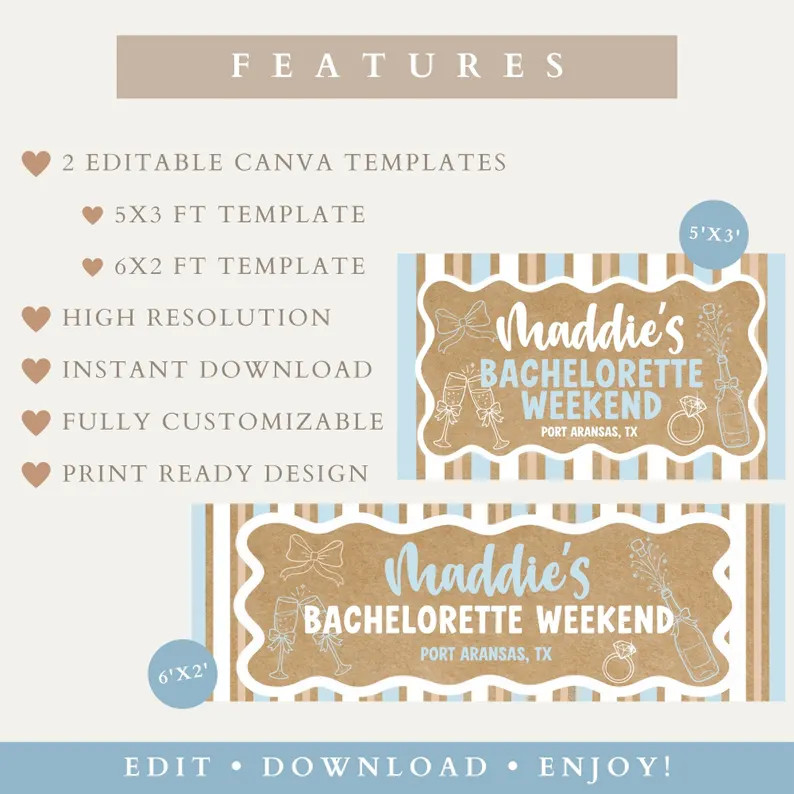 Coastal Bachelorette Banner Template, Editable Canva Banner, Beach Bach Weekend Sign, Bow & Bubbl... | Etsy (Global)