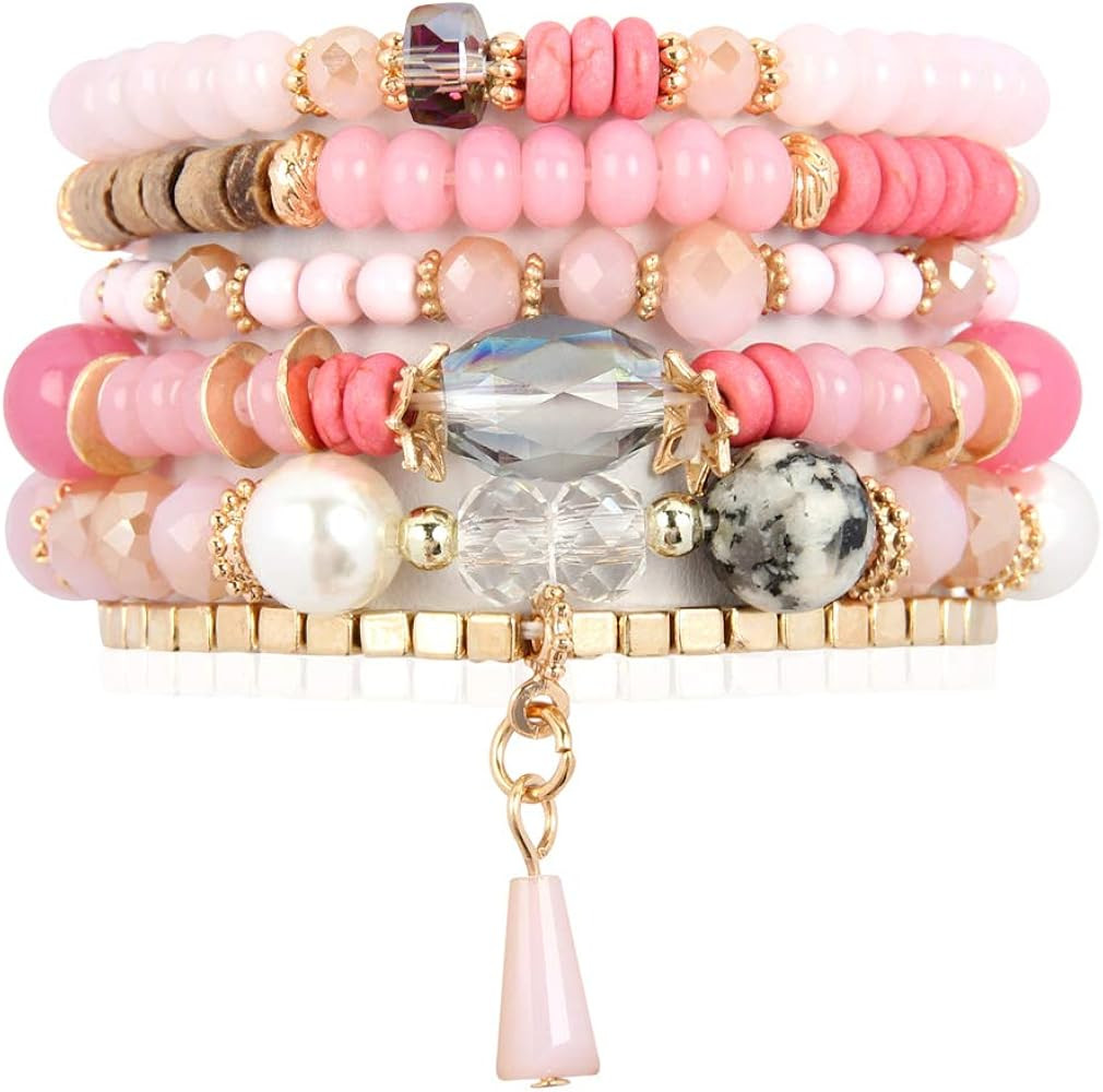 RIAH FASHION Bead Multi Layer Versatile Statement Bracelets - Stackable Beaded Strand Stretch Ban... | Amazon (US)