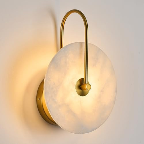 Fanyank Round Alabaster Wall Sconce, Natural Marble Lampshade Wall Sconce, Hardwired Circular Sconce LED Modern Wall Lamp for Bedroom, Stairs, Living Room, Bedside, Hallway 9.84 Inch Gold | Amazon (US)