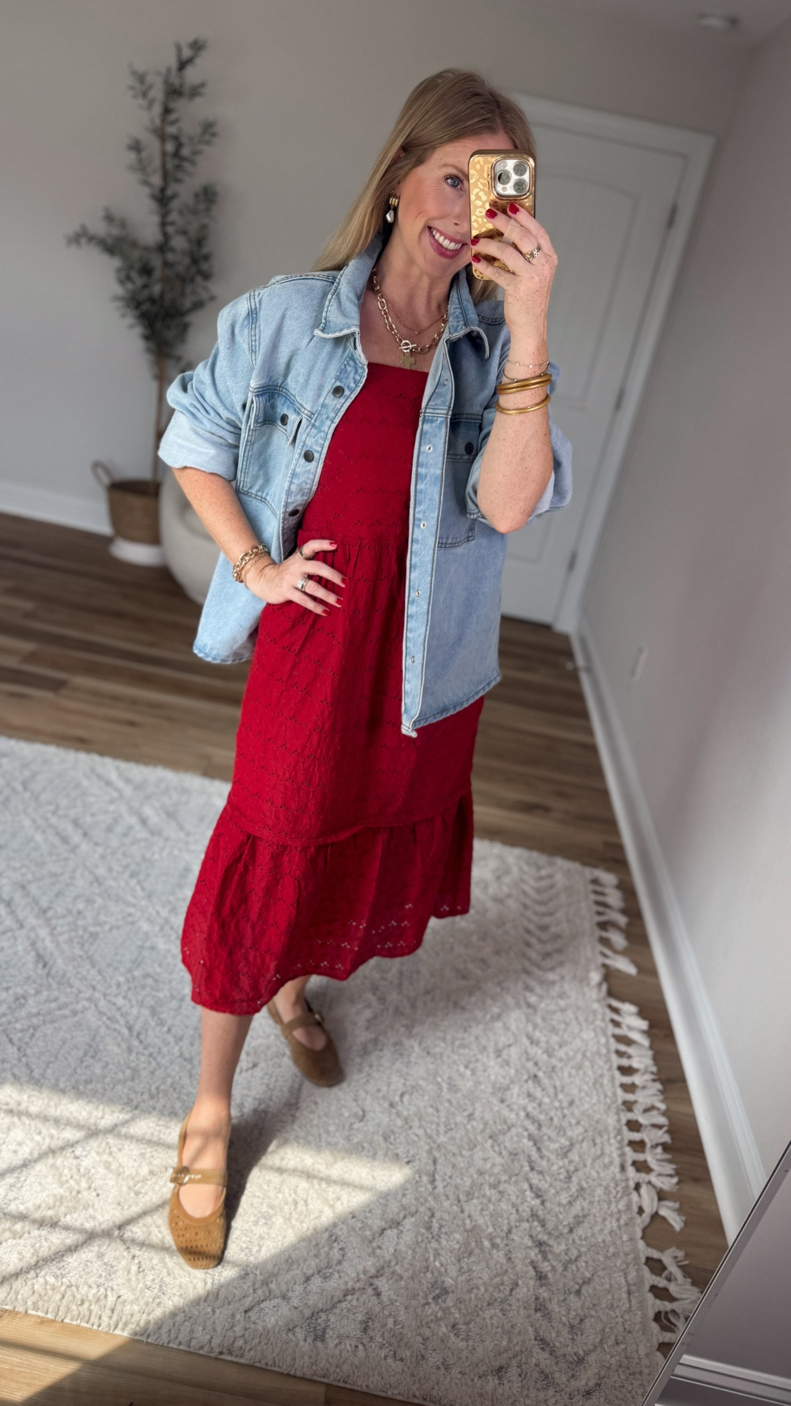 Daily try on, Walmart outfit, Walmart fashion, Walmart try on, time and tru, eyelet midi dress, denim Shacket

#LTKootd