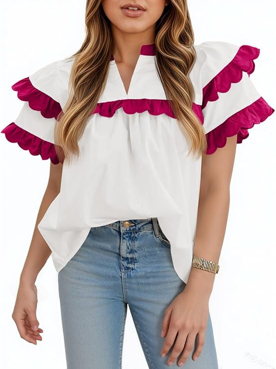 Tankaneo Womens Ruffle Sleeve Babydoll Tops Color Block Summer V Neck Pleated Blouse Dressy Casua... | Amazon (US)