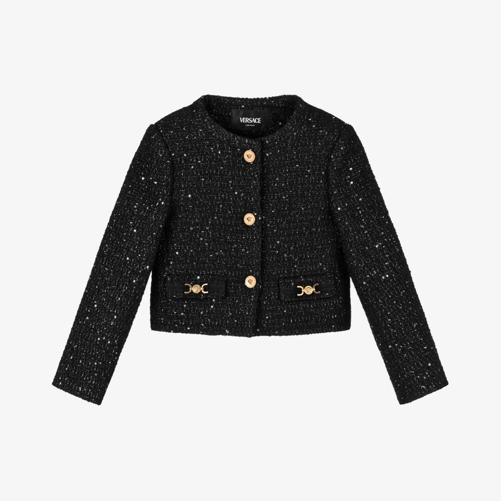 Versace Girls Black Sequinned Tweed Jacket | Childrensalon