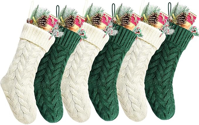 Kunyida 14" Green and Ivory Knit Christmas Stockings,6 Pack | Amazon (US)