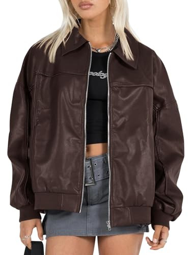 Tankaneo Womens Faux Leather Jackets Oversized Bomber Casual Fall Fashion Zip Up Moto Biker Coats | Amazon (US)