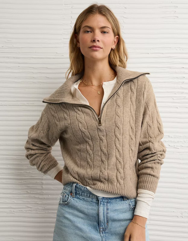 AE Cable-Knit Quarter-Zip Sweater | American Eagle Outfitters (US & CA)