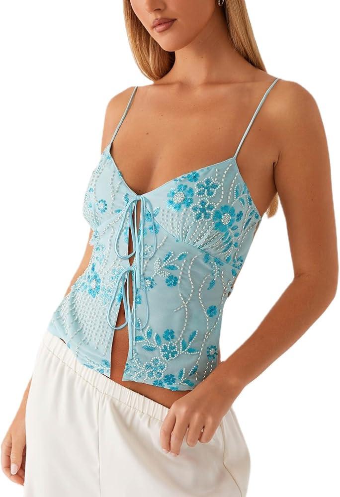 Women Sequin Cami Tops Y2K Tie Front Lace Up Crop Sparkle Top Sexy Backless Low Cut Plunge V Neck... | Amazon (US)