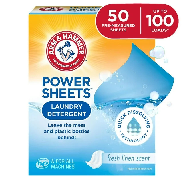 ARM & HAMMER Power Sheets Laundry Detergent Sheets, Fresh Linen, 50 Count, up to 100 Loads | Walmart (US)