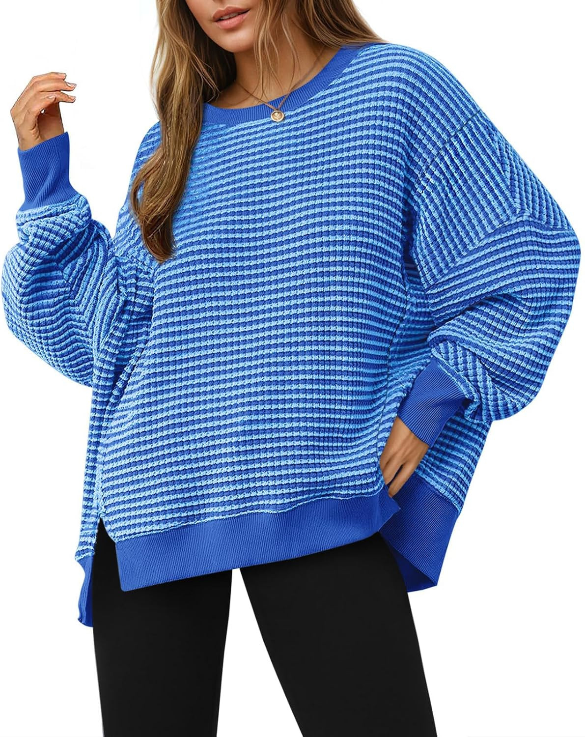 Fisoew Women's Fall Oversized Sweatshirt Casual Waffle Knit Long Sleeve Crewneck Split Pullover Tunic Tops | Amazon (US)