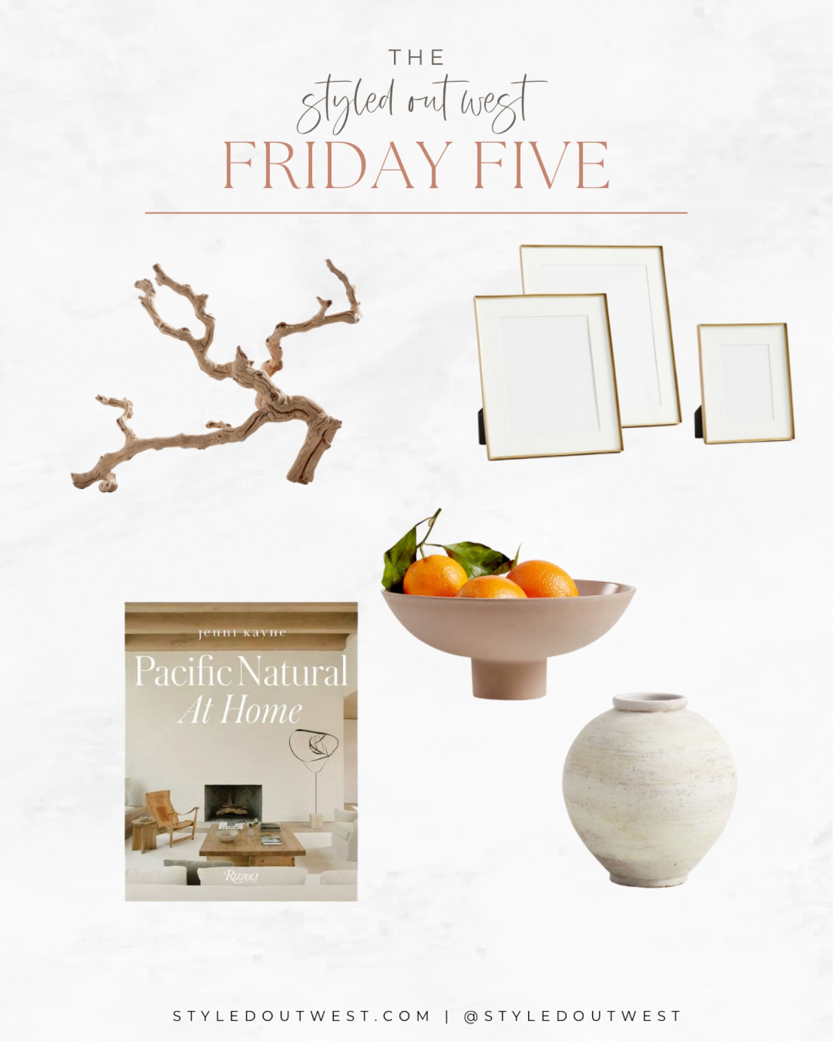 The Styled Out West Friday Five | Shelf Styling Favorites

Pottery Barn grape wood branch, matted frames, coffee table styling books, footed bowl, terracotta vase

#LTKhome #LTKFind #LTKfamily