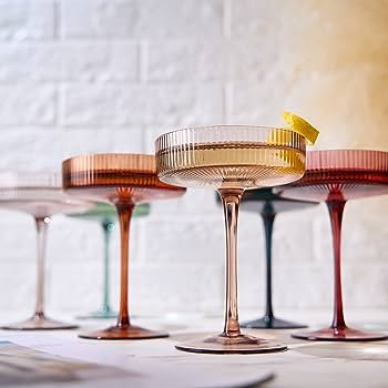 Colored Vintage Art Deco Coupe Glasses - Martini, Cocktail & Champagne Ribbed Glasses 7oz | Set o... | Amazon (US)