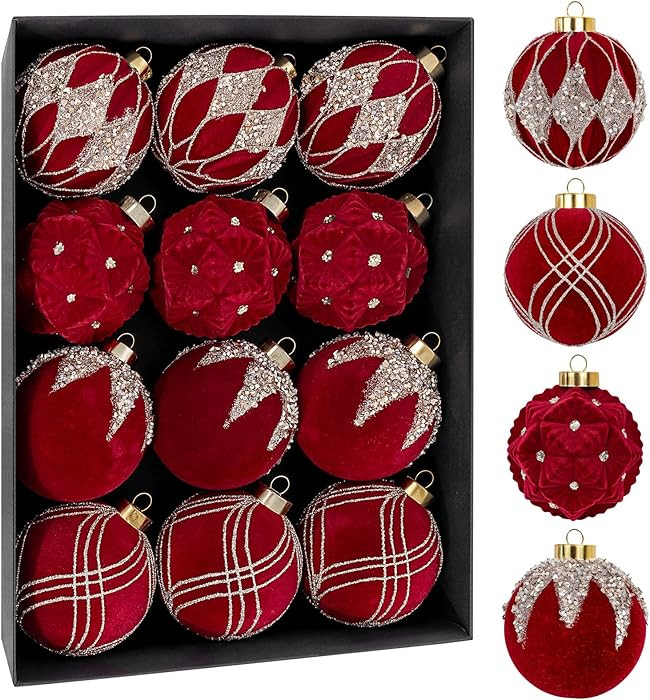 Nervure 12PCS Burgundy Velvet Christmas Ornaments - Red Christmas Balls - 80mm Glitter Tree Decor... | Amazon (US)