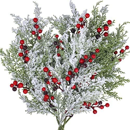 Winlyn 6 Pcs Snowy Artificial Cedar Picks with Red Berries Frosted Faux Cedar Sprays Christmas Ce... | Amazon (US)