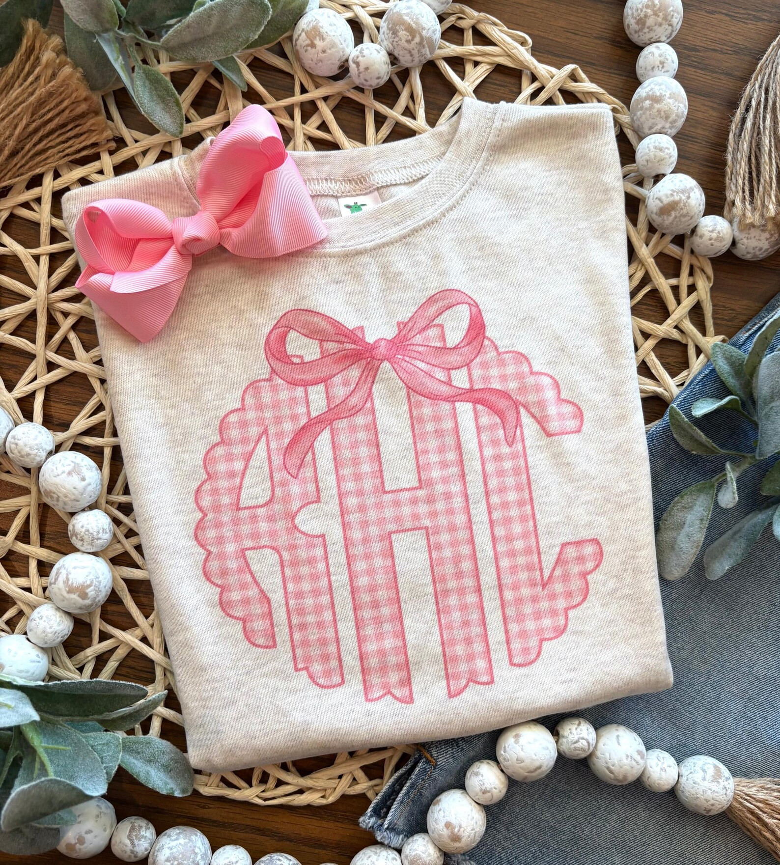 Pink Gingham Monogram With Bow on Oatmeal Sublimation Baby Shirt, Laughing Giraffe Tee, Custom Ki... | Etsy (US)