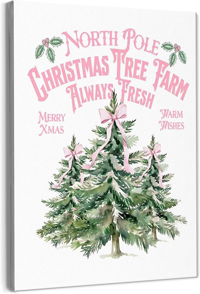 Likjad Coquette Pink Christmas Tree Farm Wall Art, Girly Pink Bow Farmhouse Winter Pine Tree Post... | Amazon (US)