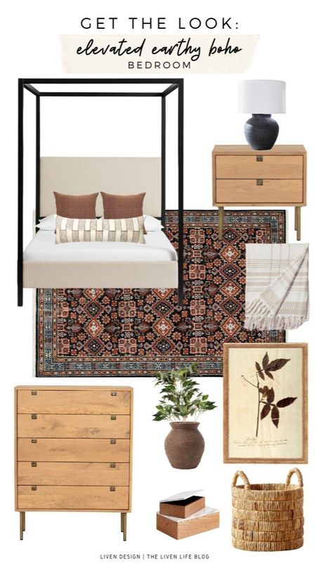 Earthy bedroom decor. home decor. Boho. Tribal rug. Handwoven rug. Lumbar pillow. rust pillow. Neutral decor. throw blanket. Nightstand. Dresser. botanical art. 

#LTKSeasonal #LTKhome #LTKstyletip