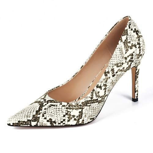 XINIUNIU Snakeskin Pumps for Women Synthetic Printing Beige Snake Print Heels Pointed Toe Kitten Stiletto Slip On Closed Toe Dress Shoes 3.5 in Size 9 | Amazon (US)
