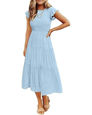 ZESICA Women's 2024 Summer Casual Flutter Short Sleeve Crew Neck Smocked Elastic Waist Tiered Mid... | Amazon (US)