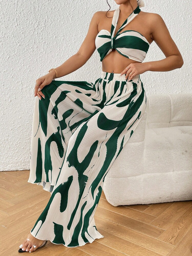 Firerie Graphic Print Halter Top & Wide Leg Pants Two Piece | SHEIN