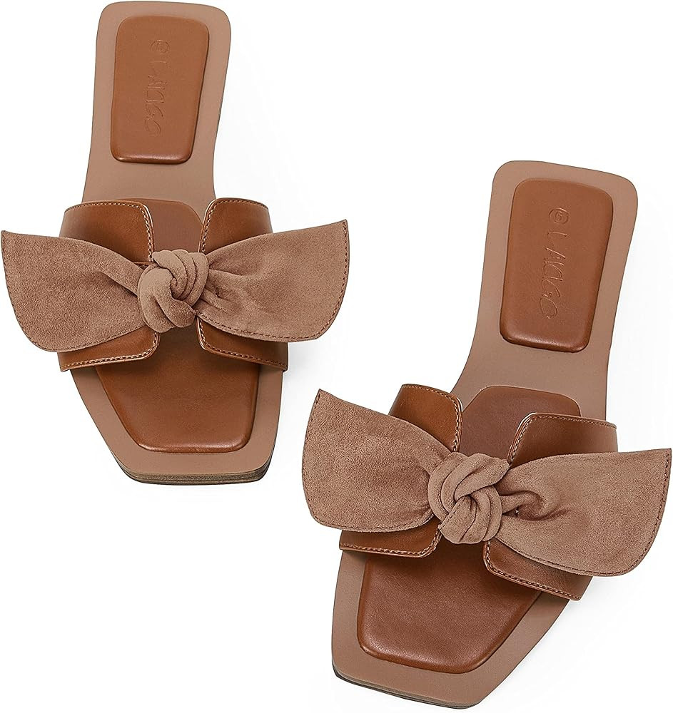 LAICIGO Women's Square Open Toe Slide Sandals Bowknot Slip-on Backless Faux Suede Summer Flats Sanda | Amazon (US)
