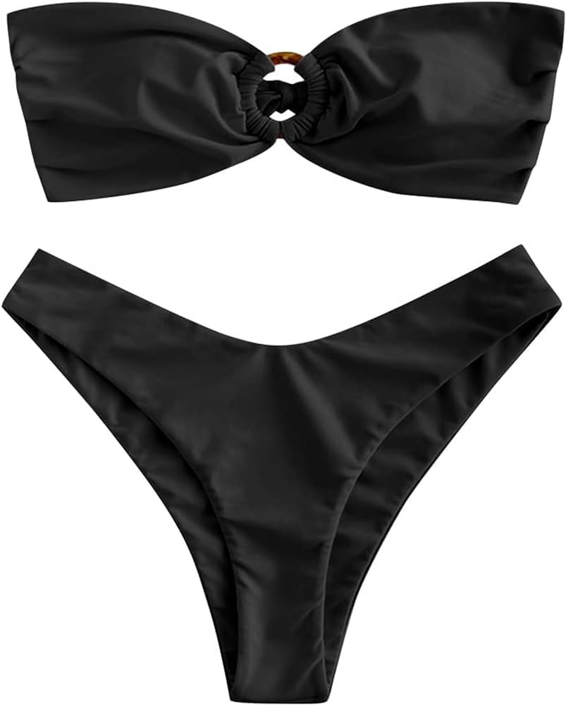 ZAFUL Women's Bandeau Bikini O Ring Strapless Tie Back High Cut Two Piece Swimsuit Bathing Suits | Amazon (US)