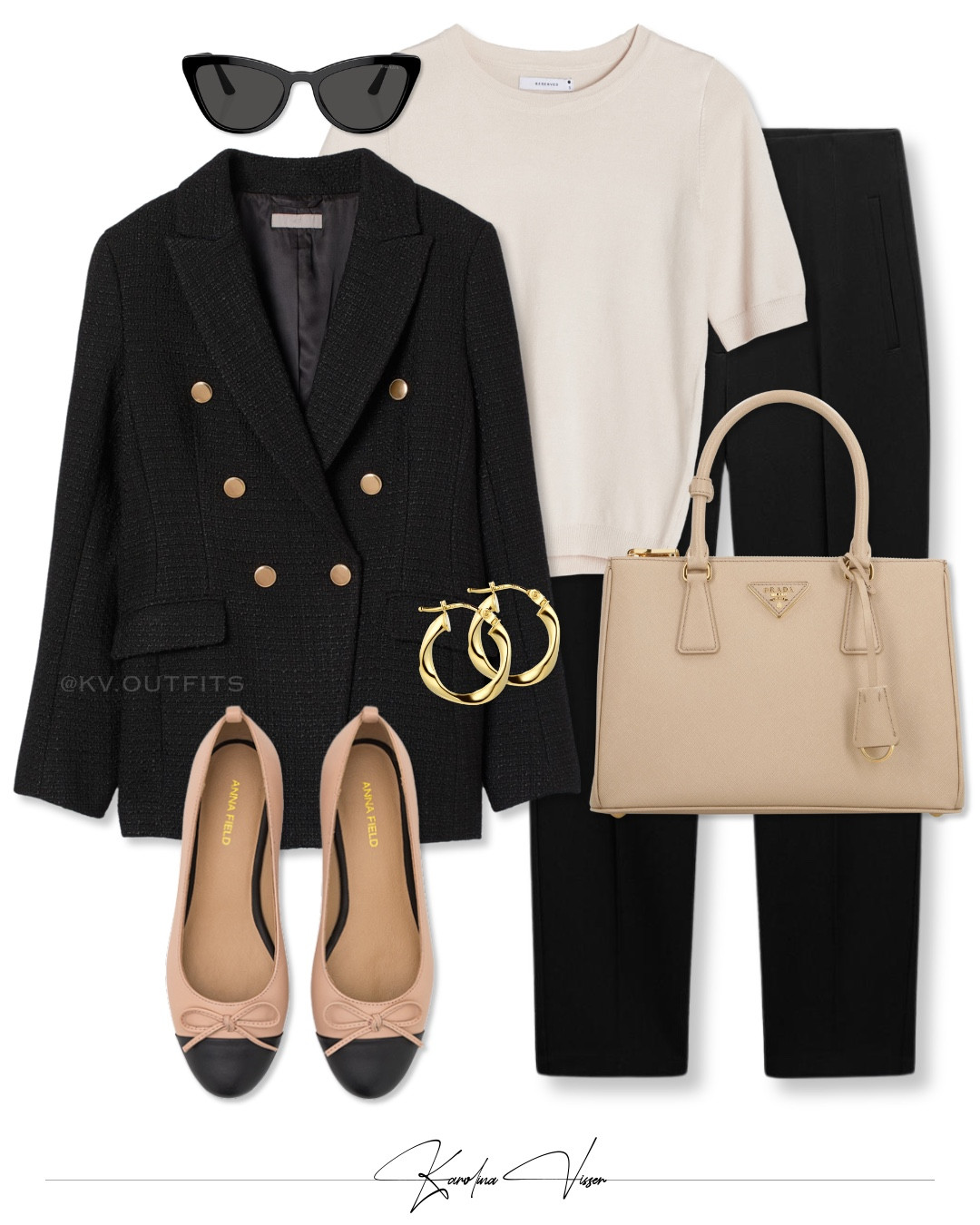 OOTD Minimal workwear 👜 

Black blazer with gold buttons, beige knit top, black high waist trousers, two tone leather ballet flats, beige leather bag.

Blazer - H&M
Top - Reserved
Trousers - Zara 9929/132
Shoes - Anna Field
Bag - Prada
Sunglasses - Prada

Tags: classic black boucle textured blazer h&m beige knitted top black high waist trousers zara prada galleria sand medium bag beige and black two tone ballet flats anna field small gold hoop earrings black sunglasses classic outfit blazer look workwear work outfit timeless style effortless chic spring outfit summer outfit 


#LTKspring #LTKworkwear #LTKsummer