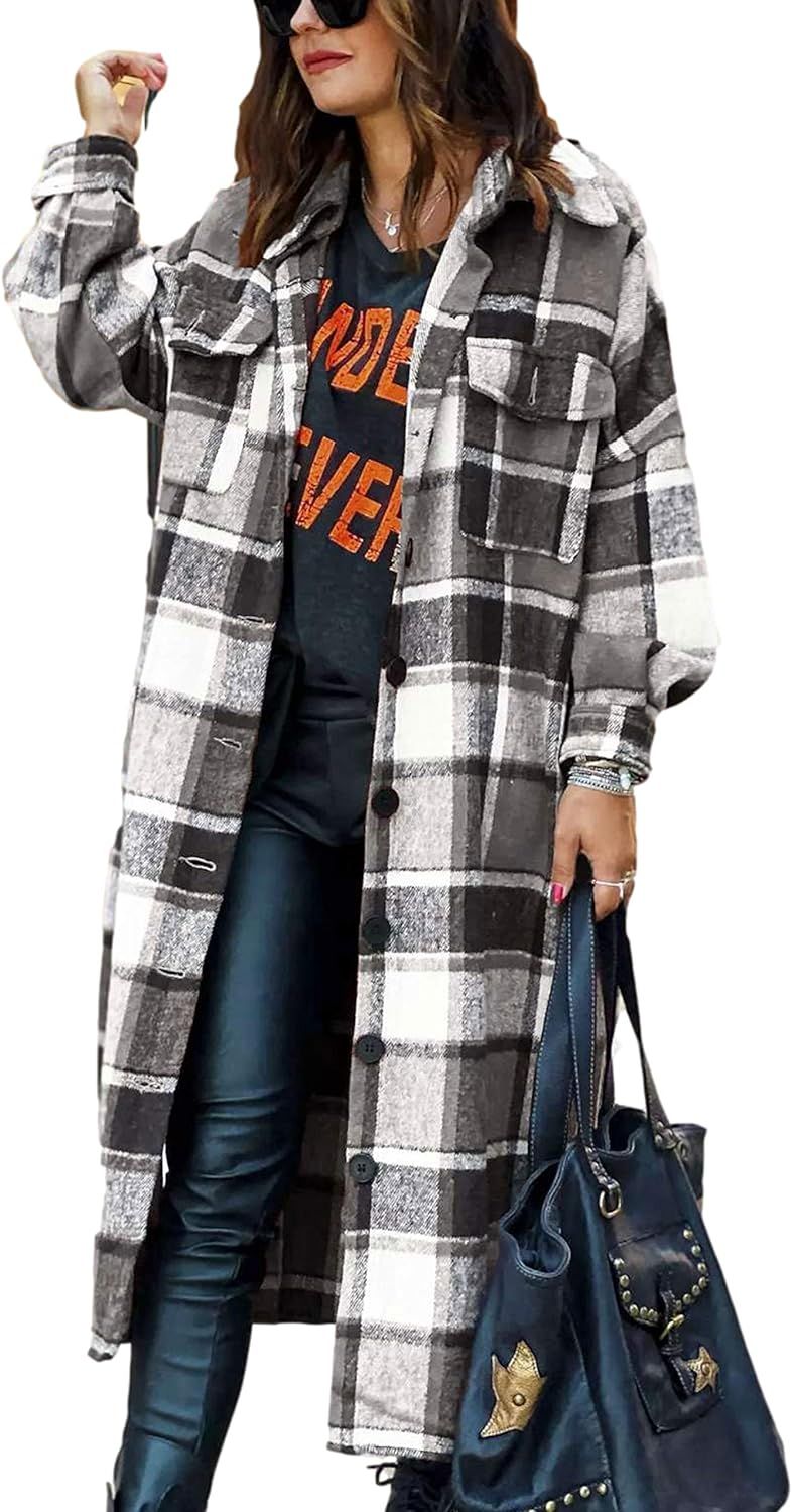 Himosyber Women's Casual Plaid Lapel Brushed Button Down Pocketed Long Shacket Coat Shirt | Amazon (US)