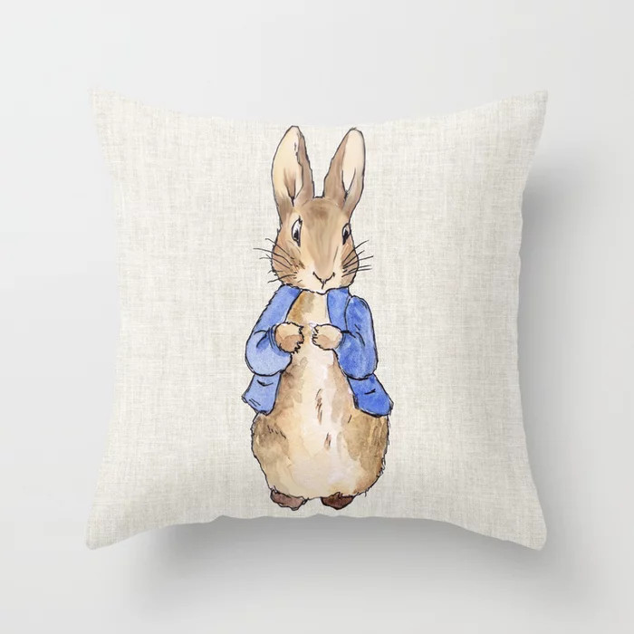 Peter the rabbit beige linen textured background Throw Pillow | Society6