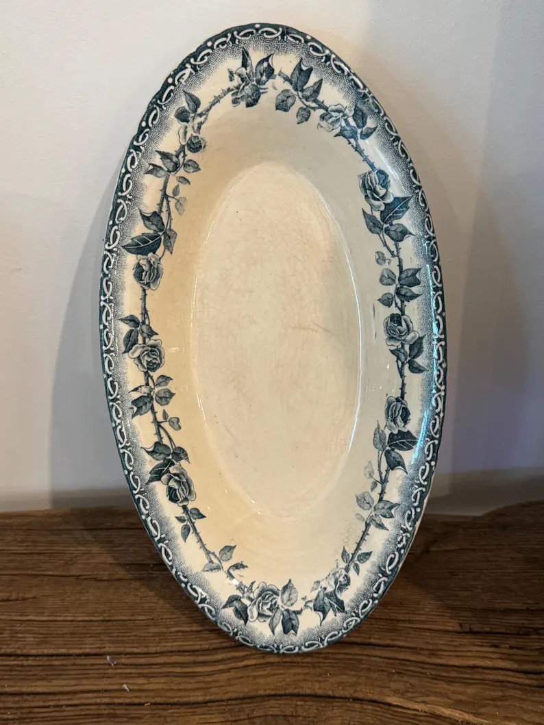 Antique French Terre De Fer Ravier | HB & Cie Blue Transferware Dish, Art Nouveau Roses - Etsy | Etsy (Global)