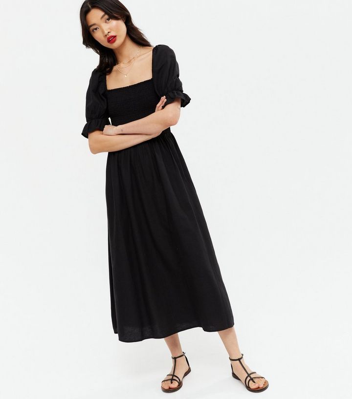 Black Shirred Square Neck Midi Dress
						
						Add to Saved Items
						Remove from Saved Item... | New Look (UK)
