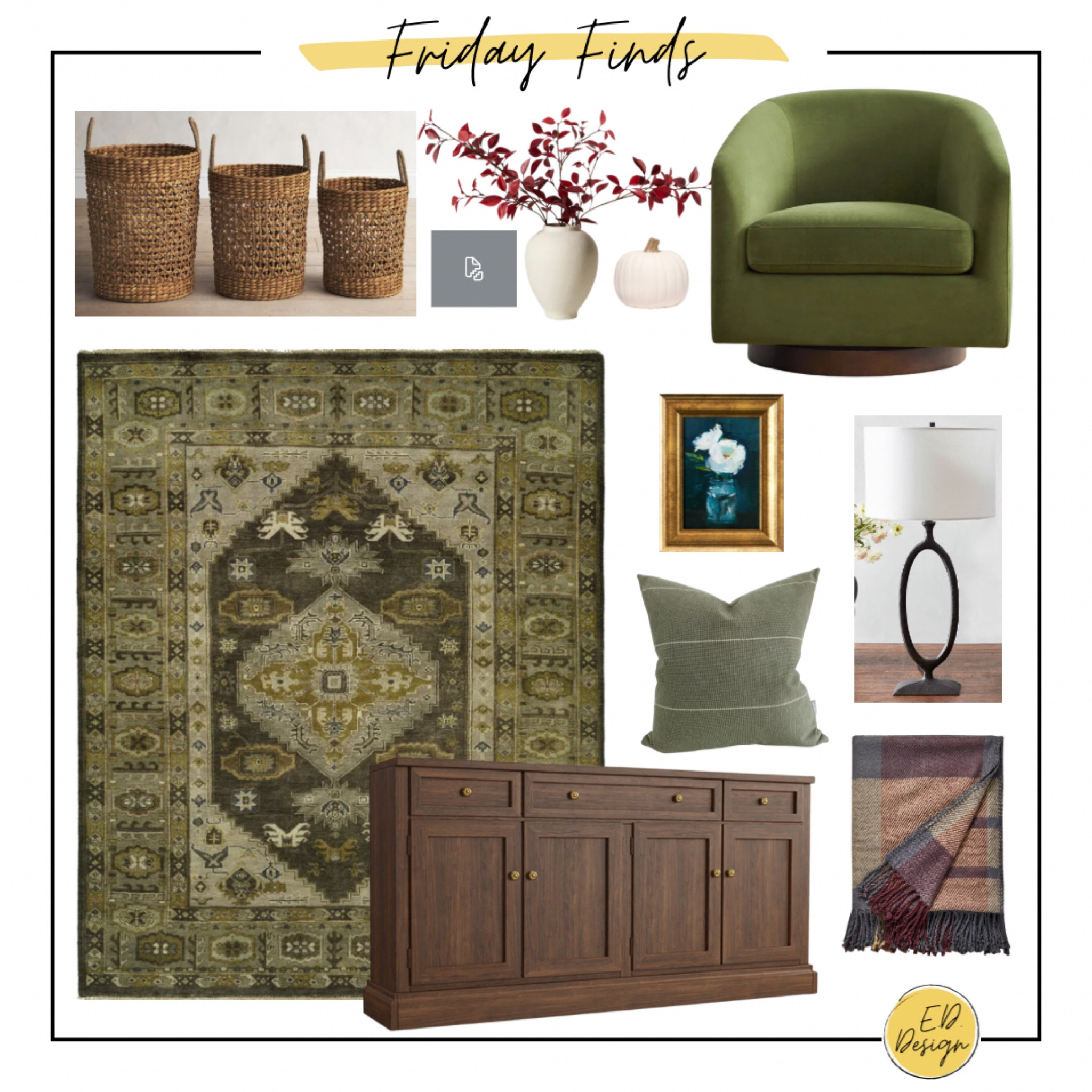 Friday favorites, fall finds, fall home, fall decor, green rug, green chair, basket, metal lamp, pumpkins, leaves, gold frame, target home 

#LTKSeasonal #LTKhome