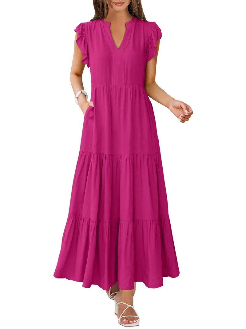 ANRABESS Womens Summer Maxi Dress V Neck Ruffle Sleeve Flowy Tiered Boho Casual Beach Vacation Su... | Walmart (US)